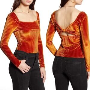 NWT All In Favor Orange Ribbed Velvet Bow Back Top
